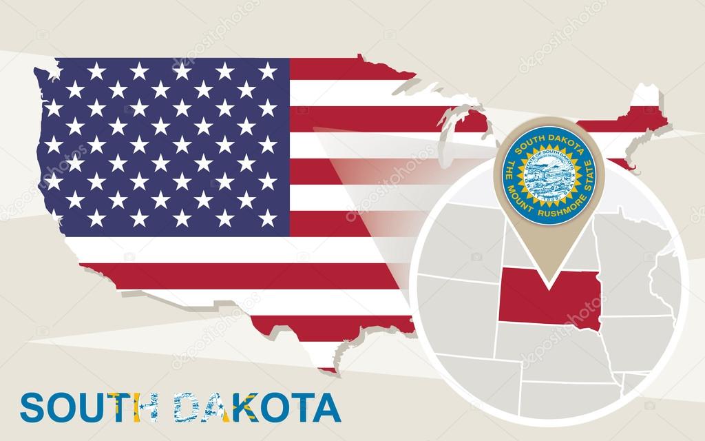 USA map with magnified South Dakota State. South Dakota flag and