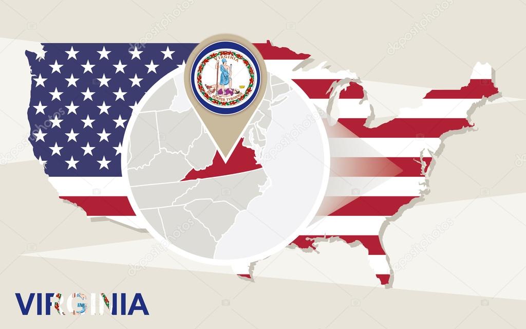 USA map with magnified Virginia State. Virginia flag and map.