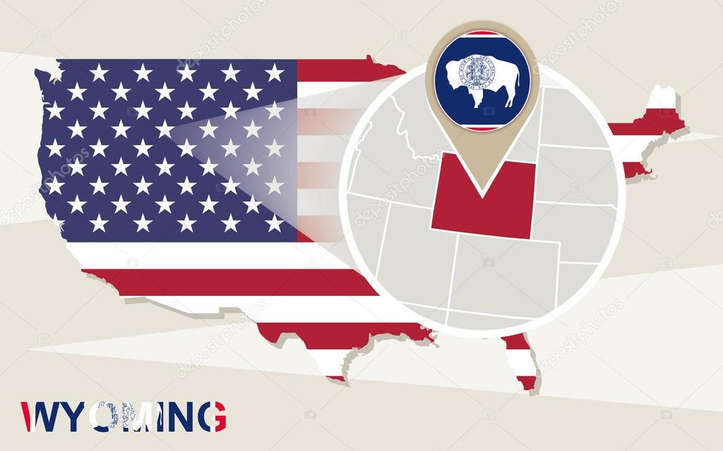 USA map with magnified Wyoming State. Wyoming flag and map.