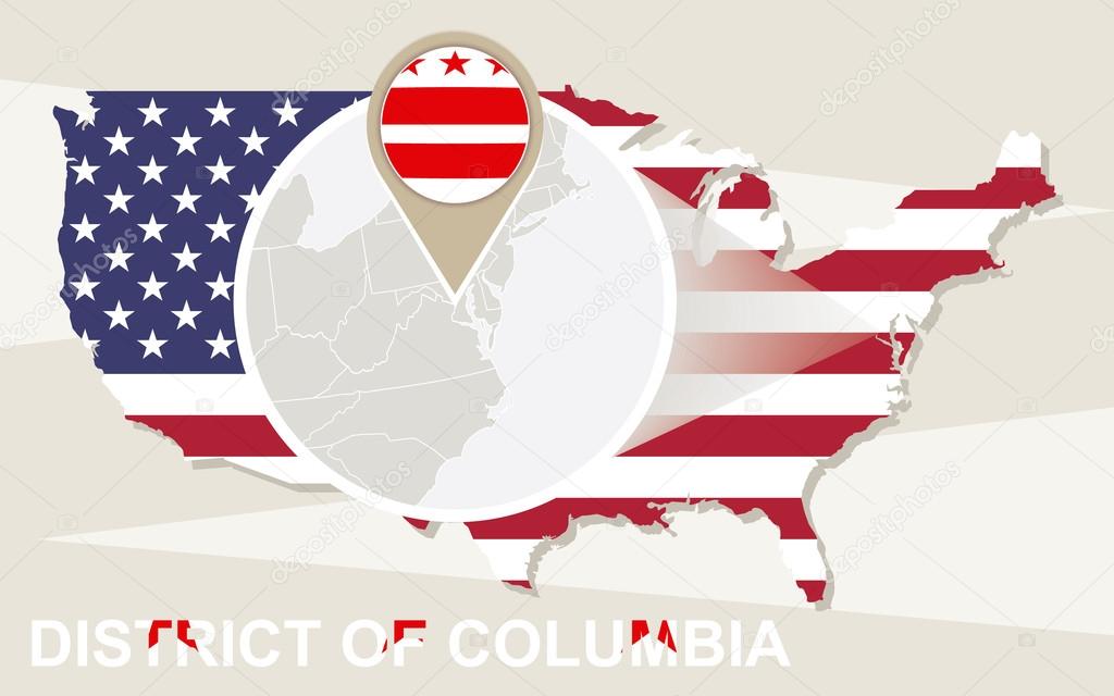 USA map with magnified District of Columbia. District of Columbi