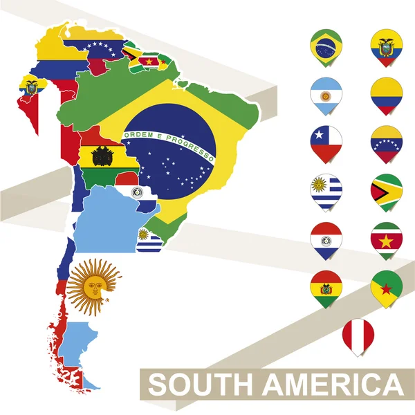 Vektör harita Güney Amerika'nın bayraklı — Stok Vektör