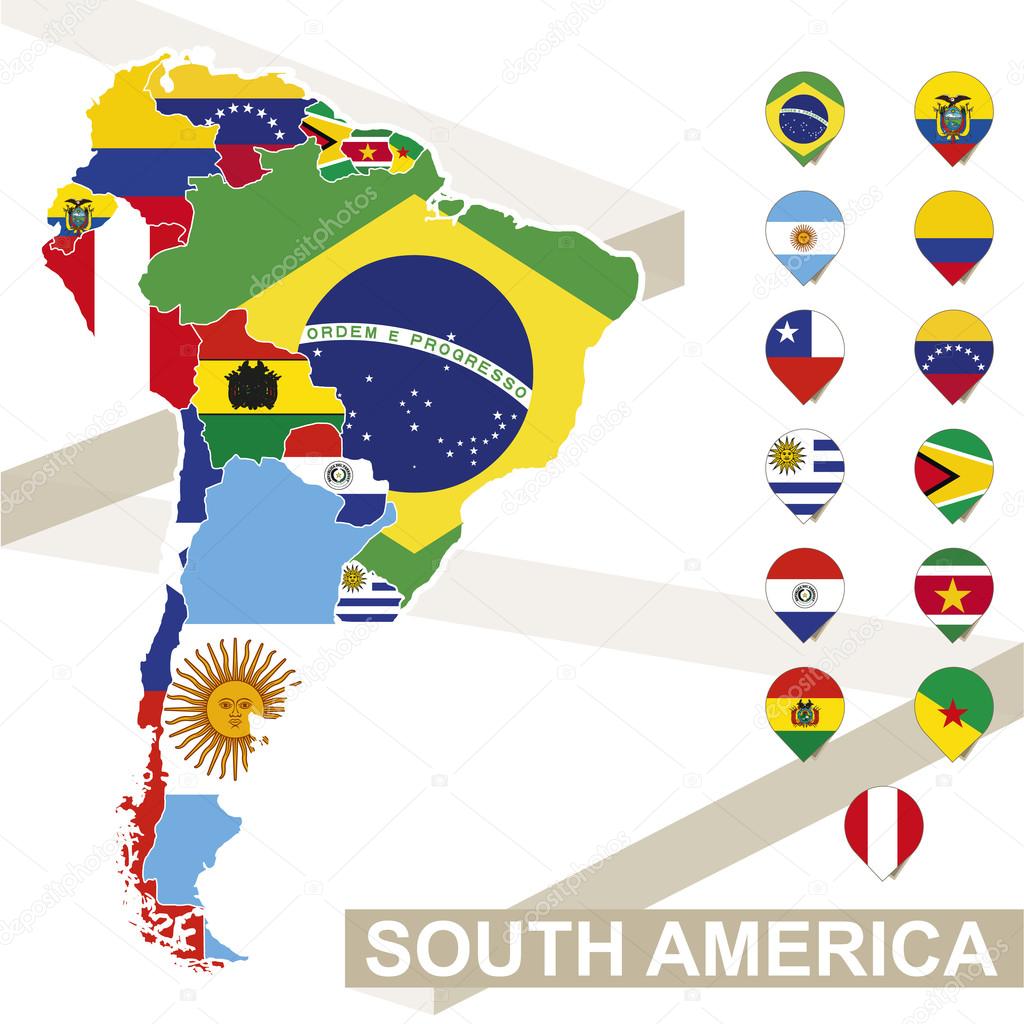 Vector map of South America with flags