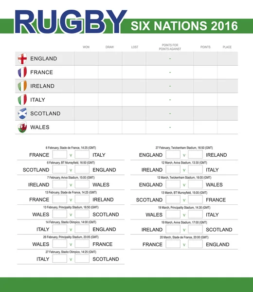 Rugby Six Nations Championship 2016. Horaire, tous les matchs, heure — Image vectorielle