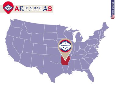 Arkansas State on USA Map. Arkansas flag and map. clipart