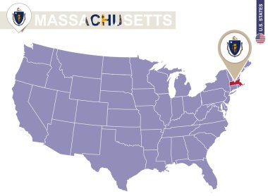 Massachusetts eyalet ABD harita üzerinde. Massachusetts bayrak ve harita.