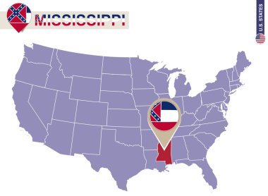 Mississippi State ABD harita üzerinde. Mississippi bayrak ve harita.