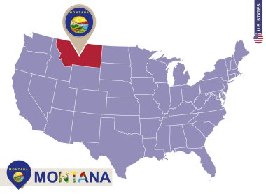 Montana State on USA Map. Montana flag and map.
