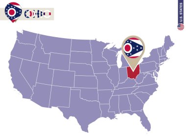Ohio State ABD harita üzerinde. Ohio bayrak ve harita.