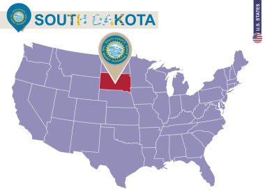 South Dakota State on USA Map. South Dakota flag and map. clipart