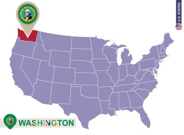 Washington State ABD harita üzerinde. Washington bayrak ve harita.