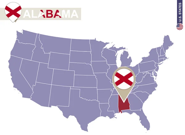 Alabama State en el mapa de Estados Unidos. Bandera y mapa de Alabama . — Archivo Imágenes Vectoriales