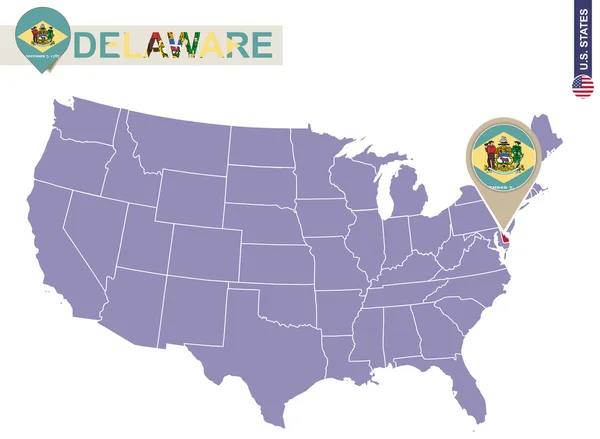 Delaware κράτος ΗΠΑ χάρτη. Σημαία του Delaware και Χάρτης. — Διανυσματικό Αρχείο
