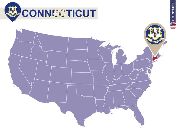 Connecticut State en el mapa de Estados Unidos. Bandera y mapa de Connecticut . — Vector de stock