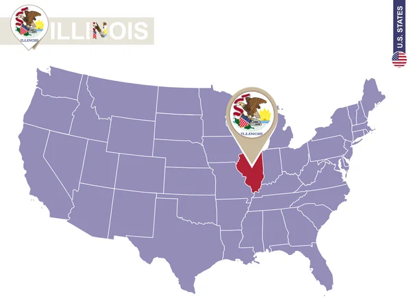Illinois State sur USA Map. Drapeau Illinois et carte . — Image vectorielle