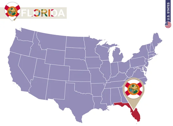 État de Floride sur USA Map. Floride drapeau et carte . — Image vectorielle