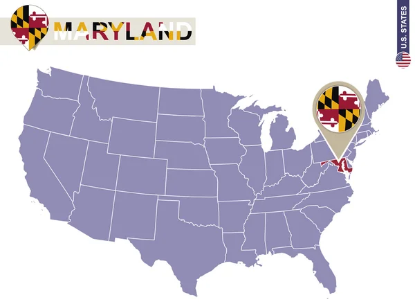 Maryland State en el mapa de Estados Unidos. Mapa y bandera de Maryland . — Vector de stock