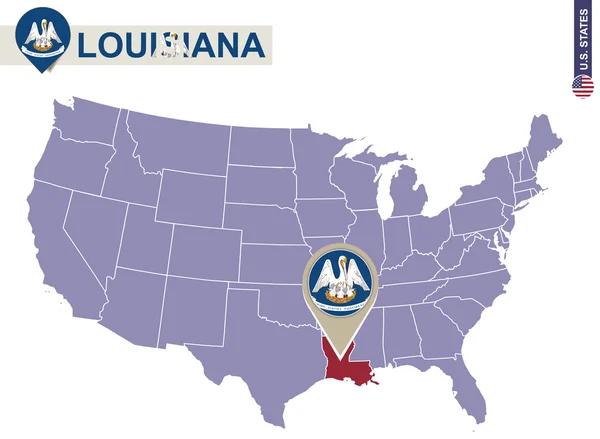 Louisiana staat op de kaart van de V.s.. Vlag van Louisiana en kaart. — Stockvector