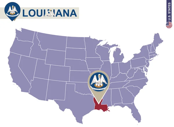 Louisiana State en el mapa de Estados Unidos. Mapa y bandera de Louisiana . — Archivo Imágenes Vectoriales