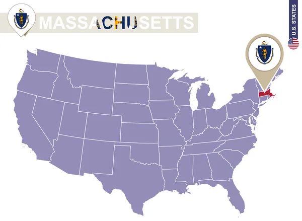 Massachusetts State en el mapa de Estados Unidos. Bandera y mapa de Massachusetts . — Vector de stock