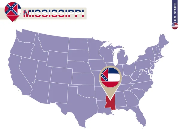 Mississippi State na mapę Usa. Flaga Mississippi i mapa. — Wektor stockowy