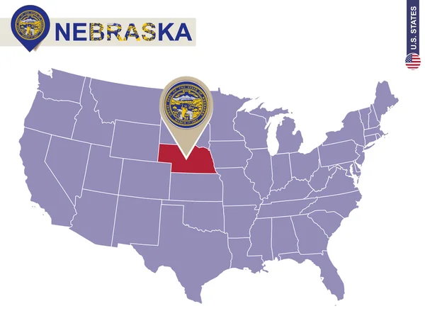 Nebraska State on USA Map (em inglês). Bandeira e mapa do Nebraska . —  Vetores de Stock