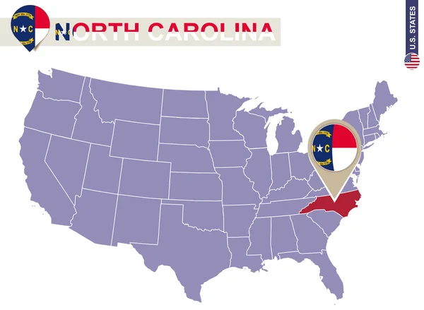 Carolina del Norte en el mapa de Estados Unidos. Bandera y mapa de Carolina del Norte . — Archivo Imágenes Vectoriales