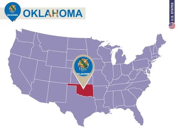 Oklahoma State en el mapa de Estados Unidos. Bandera y mapa de Oklahoma . — Archivo Imágenes Vectoriales