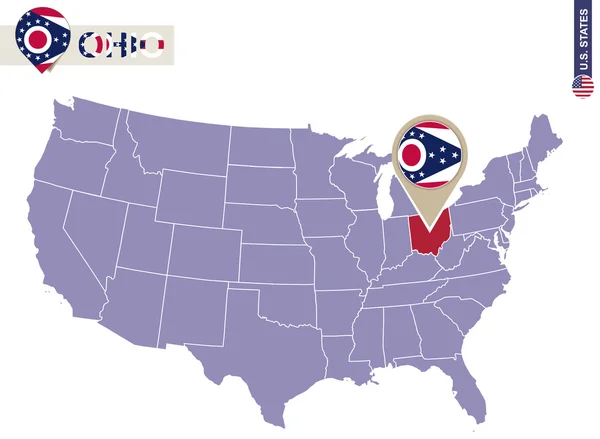 Ohio state auf der US-Landkarte. ohio flagge und karte. — Stockvektor