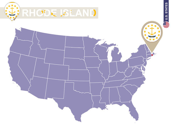 Rhode Island State on USA Map. Rhode Island flag and map.