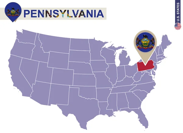 Pennsylvania állam Usa térképen. Pennsylvania zászló és megjelenítése. — Stock Vector