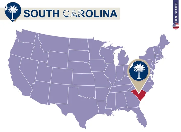 South Carolina State auf der US-Landkarte. South Carolina Flagge und Karte. — Stockvektor