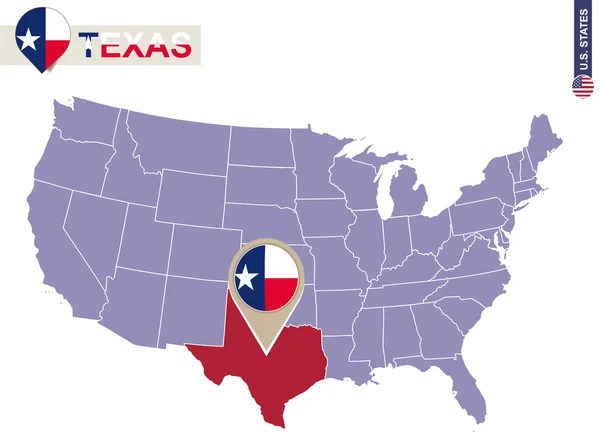 Texas State on USA Map (en inglés). Bandera y mapa de Texas . — Archivo Imágenes Vectoriales