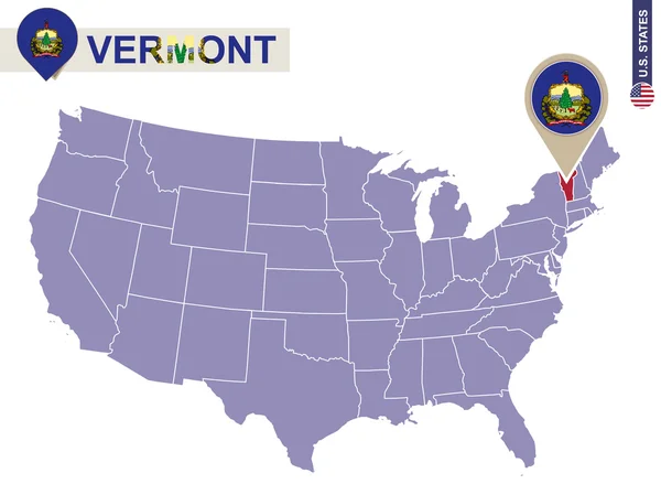 Bundesstaat Vermont auf der US-Landkarte. Flagge und Karte von Vermont. — Stockvektor