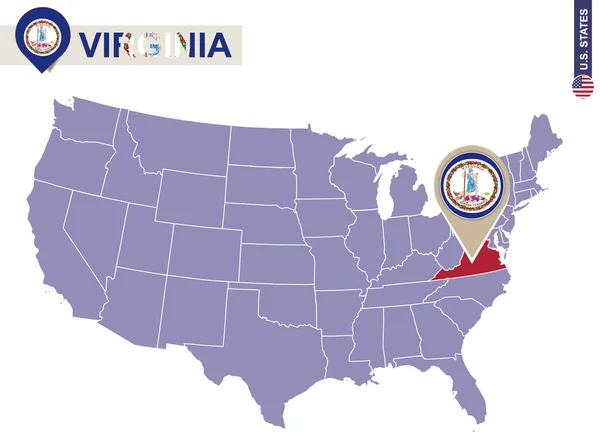 Virginia State on USA Map (em inglês). Mapa e bandeira da Virgínia . —  Vetores de Stock