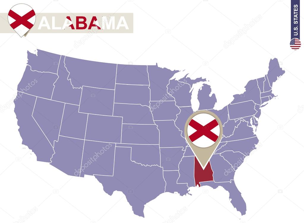 Alabama State on USA Map. Alabama flag and map.