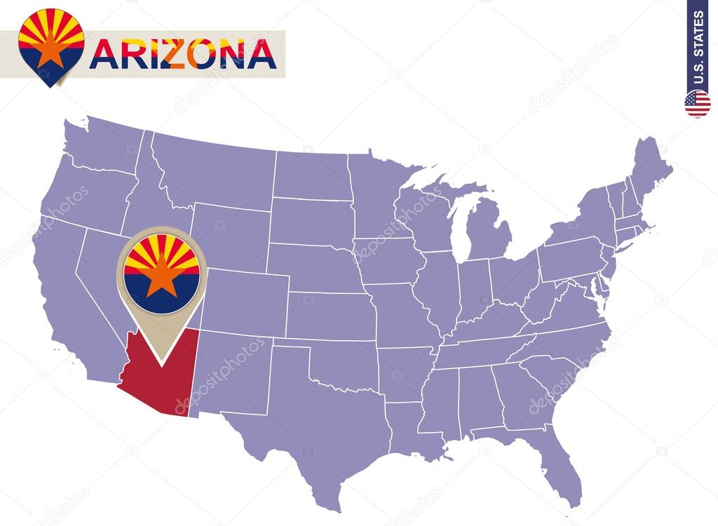 Arizona State on USA Map. Arizona flag and map.