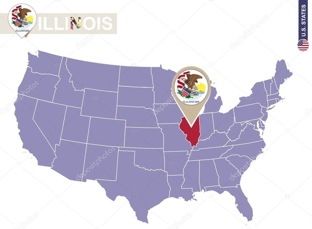 Illinois State on USA Map. Illinois flag and map.