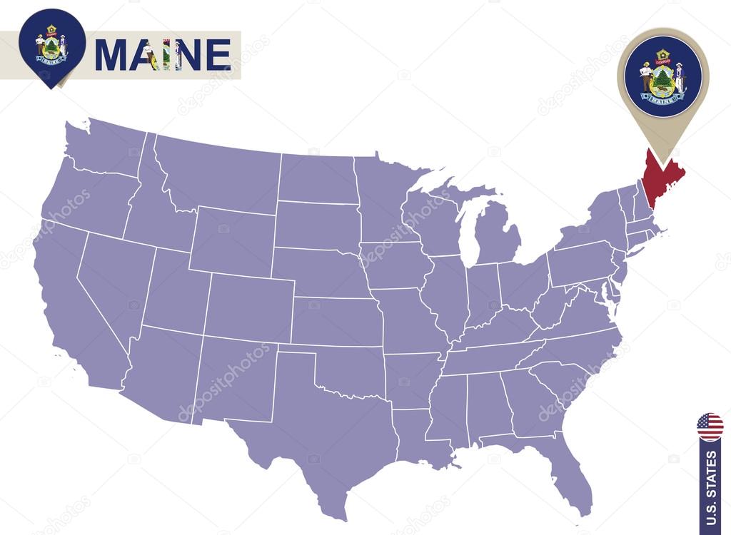 Maine State on USA Map. Maine flag and map.