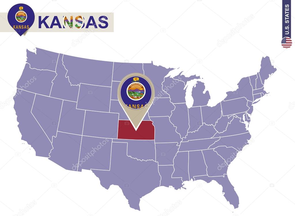 Kansas State on USA Map. Kansas flag and map.