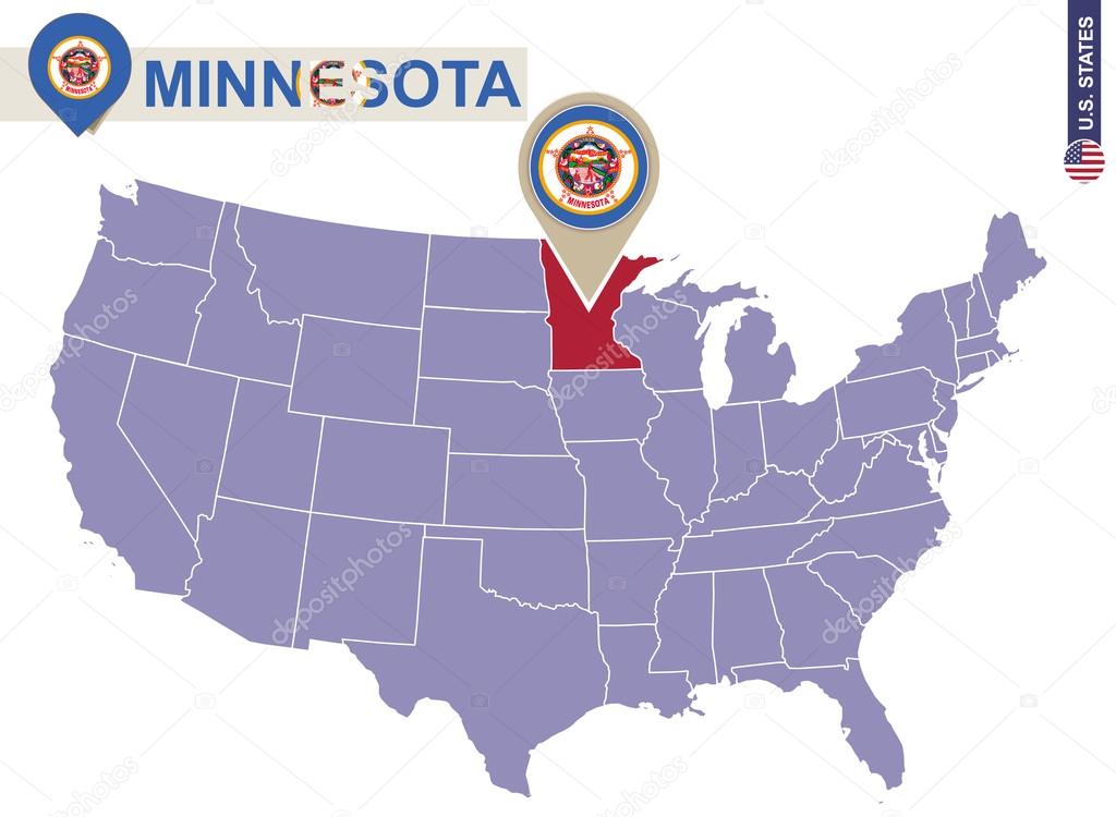 Minnesota State on USA Map. Minnesota flag and map.
