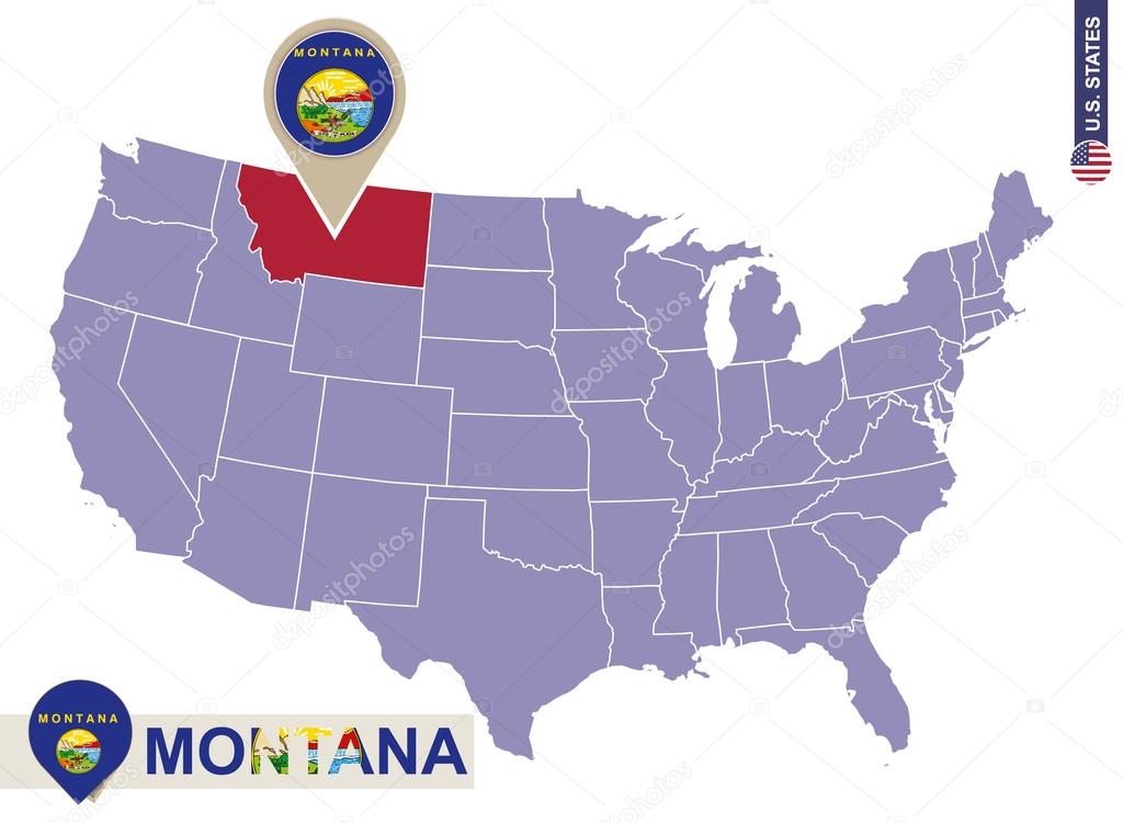 Montana State on USA Map. Montana flag and map.