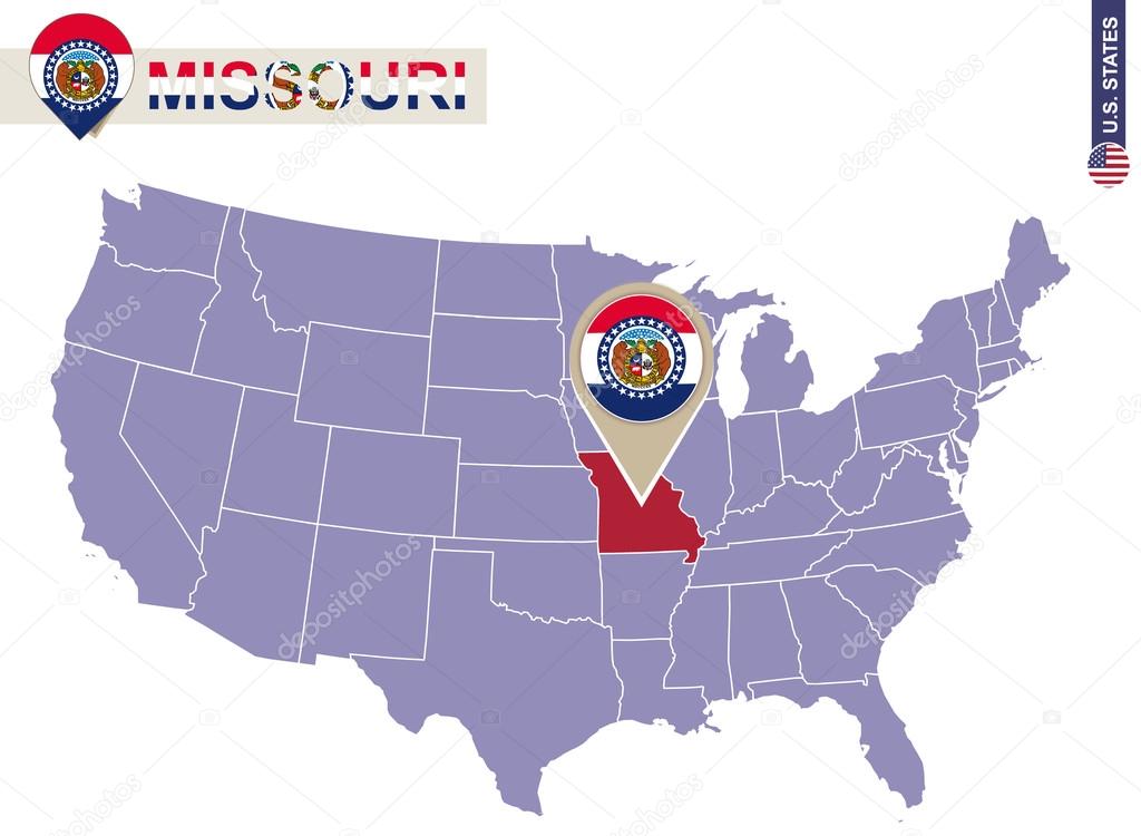 Missouri State on USA Map. Missouri flag and map.