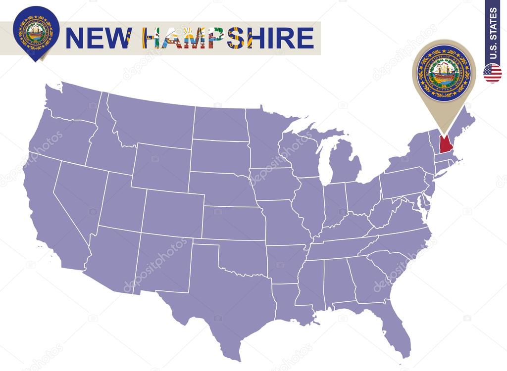 New Hampshire State on USA Map. New Hampshire flag and map.