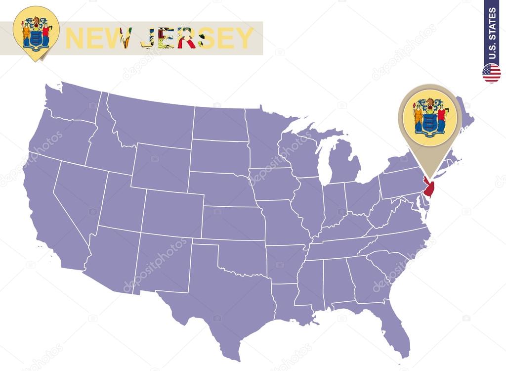 New Jersey State on USA Map. New Jersey flag and map.