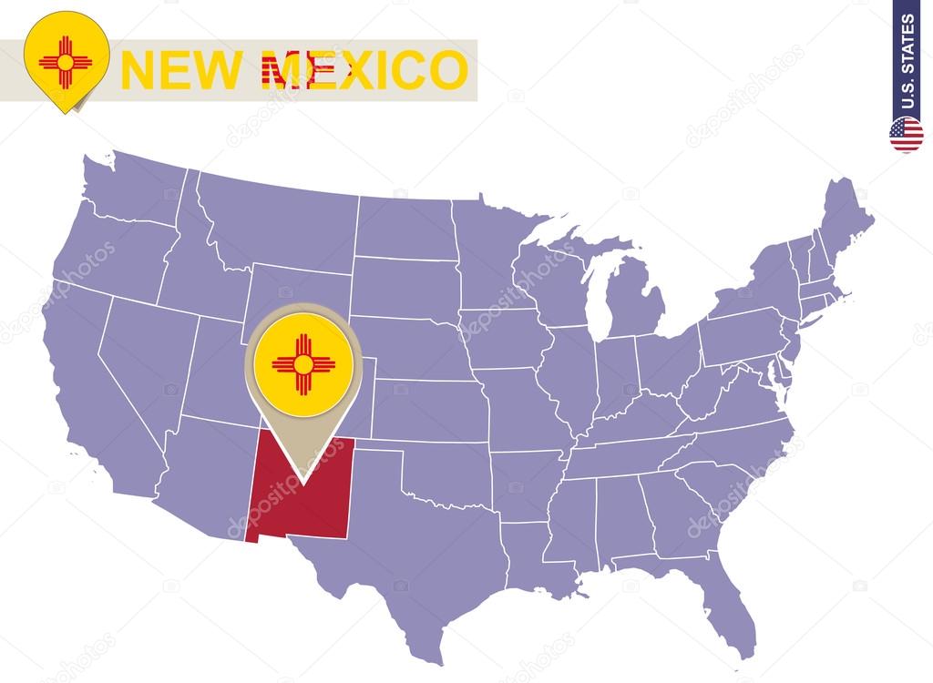 New Mexico State on USA Map. New Mexico flag and map.