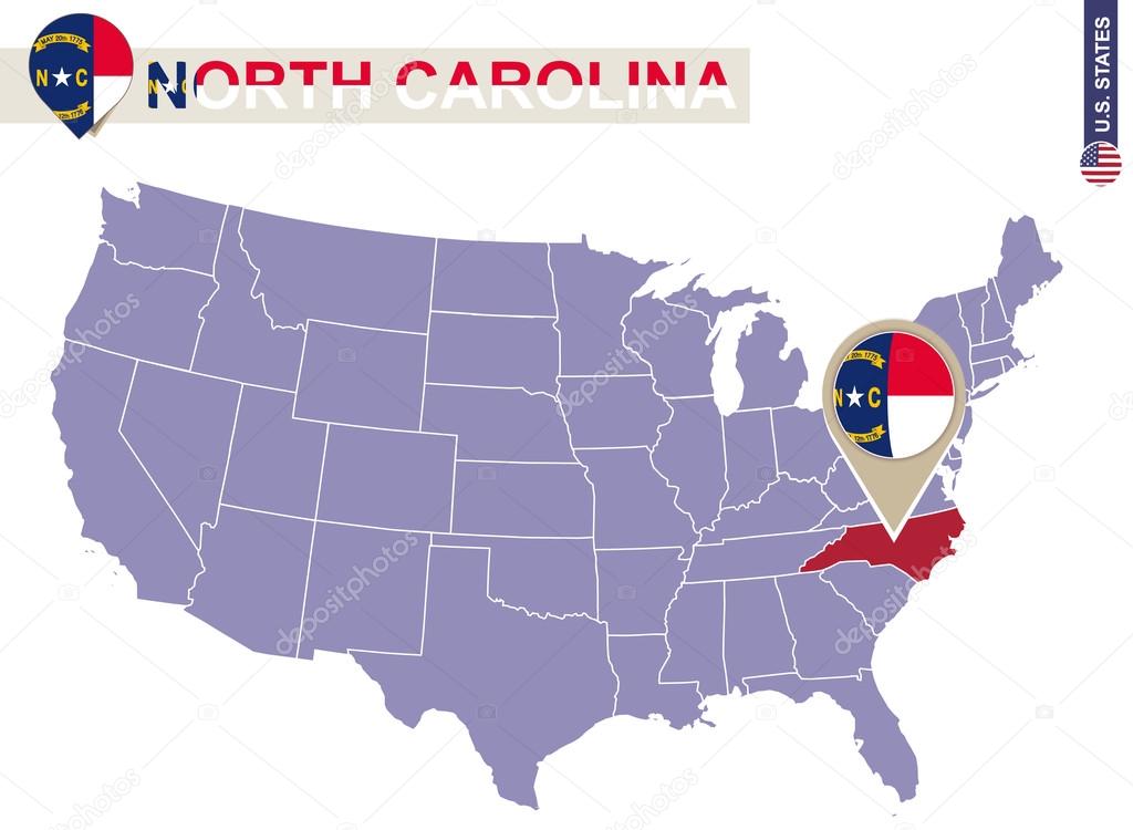 North Carolina State on USA Map. North Carolina flag and map.