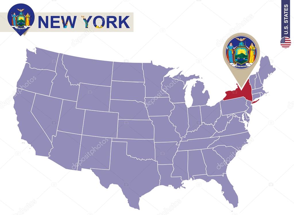 New York State on USA Map. New York flag and map.