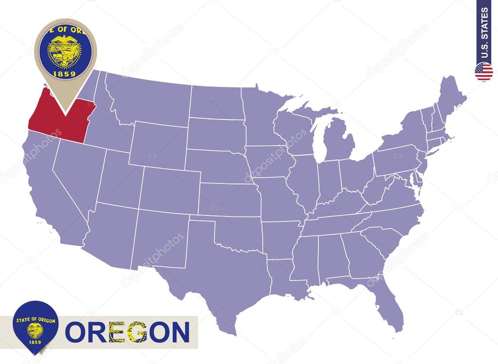 Oregon State on USA Map. Oregon flag and map.