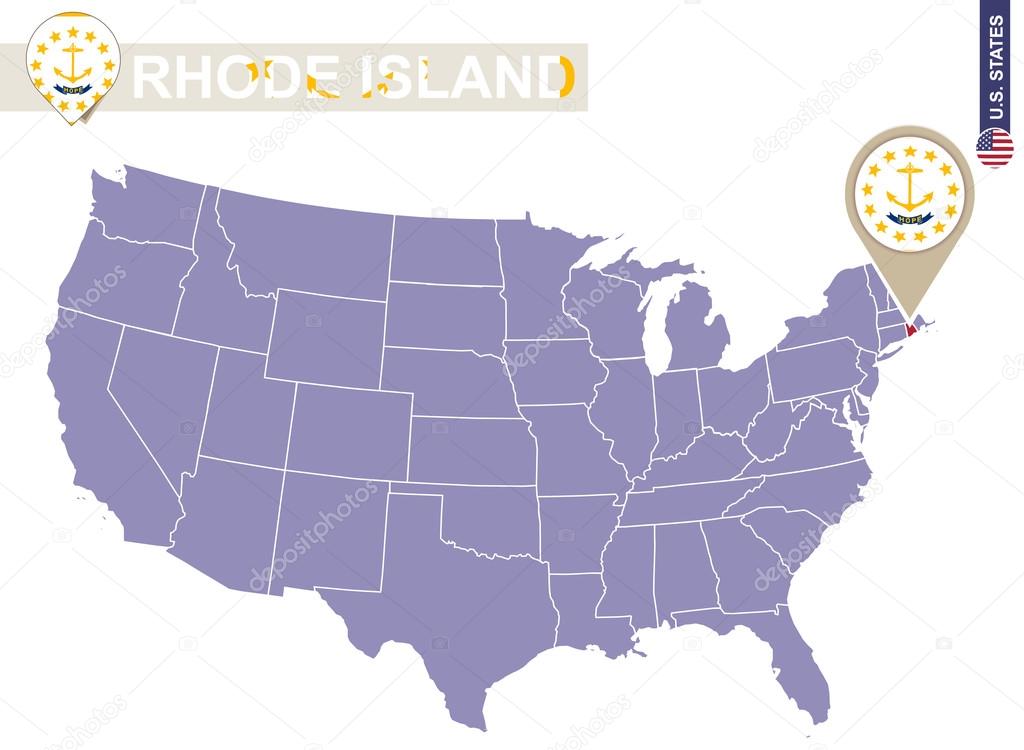 Rhode Island State on USA Map. Rhode Island flag and map.
