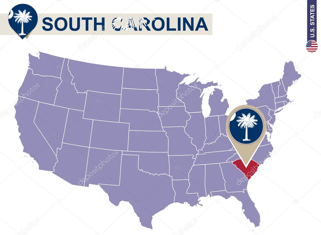South Carolina State on USA Map. South Carolina flag and map.